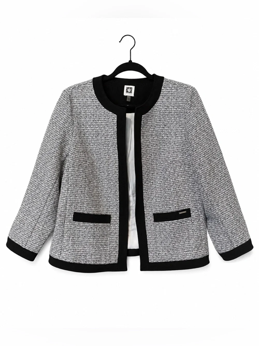 Anne Klein open-front tweed blazer. Knit pattern. Classic and tailored.